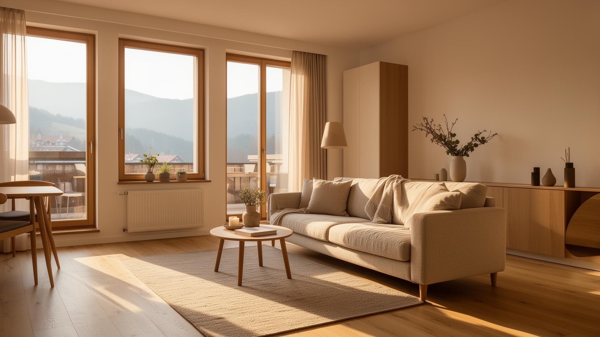 Warm bright apartment living room with mountain view
